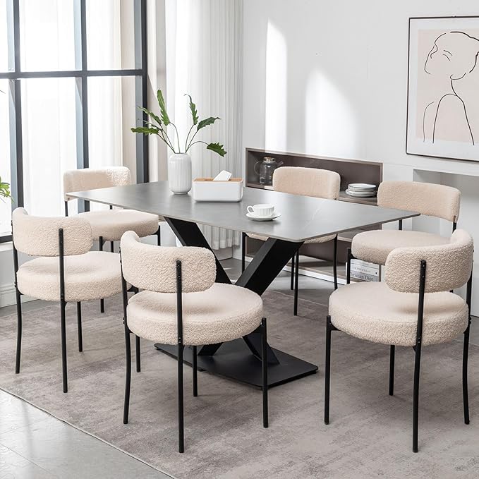 Boucle Dining Chairs Set of 2, Upholstered Dining Room Chairs with Black Metal Legs, Round Modern Dining Chair for Dining Room, Kitchen