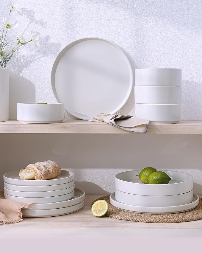 Famiware Nebula Plates and Bowls Set, 24 Pieces Dinnerware Sets, Dishes Set for 8, White