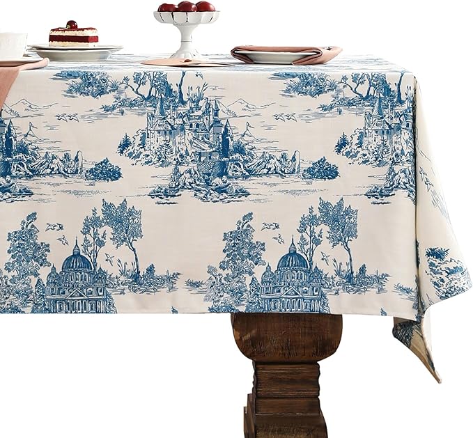 patdrea Designer Vintage Cyan Long Tablecloth for Rectangle Table,Linen Ancient Castle and Manor Pattern Tablecloths,Table Cover Decor for Kitchen Dining Christmas,Thanksgiving,63"x94"-Lucerne a