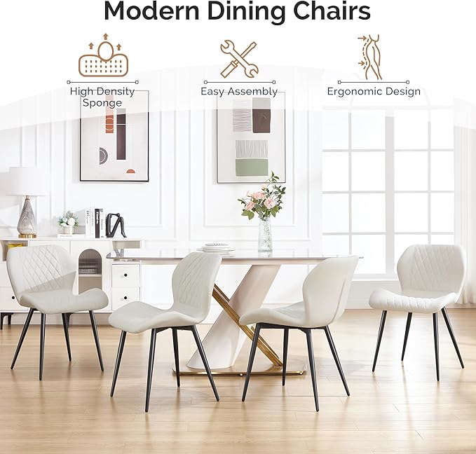 Dining Chairs Set of 8, Comfy Modern Dining Chairs with Thick Cushions, Upholstered Fabric Kitchen Side Chairs with Adjustable Metal Legs for Dining Room (Beige)