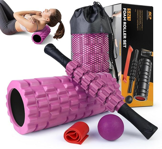 5 in1 Foam Roller Set, Trigger Point Foam Roller, Massage Roller Stick, Massage Ball, Resistance Band for Deep Muscle Massage Pilates Yoga,Fitness Exercise for Whole Body (Pink-Black)