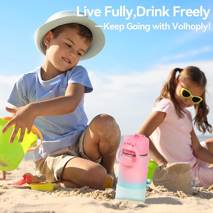Volhoply 14oz KIds Water Bottle with Straw Lid and Silicone Boot Bulk 2 Pack,Stainless Steel Insulated Cups for Boys & Girls Multipack,Double Wall Vacuum Leakproof Bottles(Mix,2)