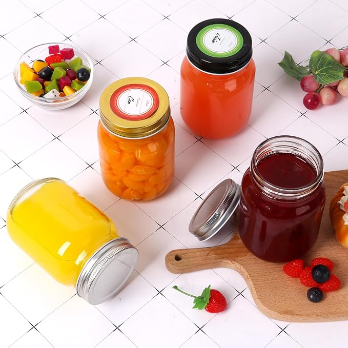 Glass Mason Jars with Gold Lids 16 oz - 15 Pack Regular Mouth Canning Jars for Food Storage, Meal Prep, Overnight Oats, DIY Crafts - Includes 24 Stickers & Brush