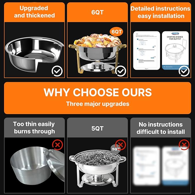 Chafing Dishes for Buffet 10 Pack, 6QT Round Chafing Dish Buffet Set Stainless Steel Buffet Food Warmers Sets for Catering Events Parties Dinners with Complete Set,Gold and Silver (10)