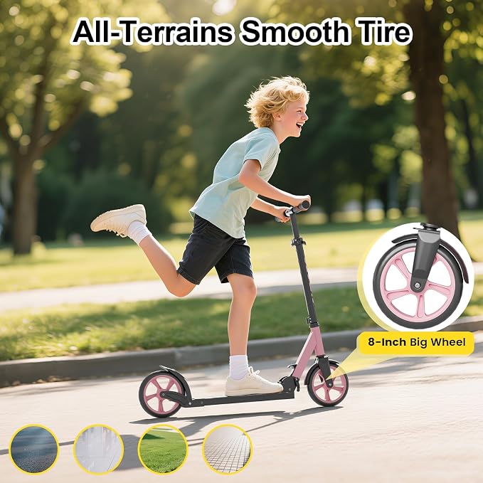 SIMATE Kick Scooter for Kids Teens & Adults, 4 Adjustable Heights, 8IN All Terrain Big Wheels, Foldable and Lightweight, Gifts for Girls Boys