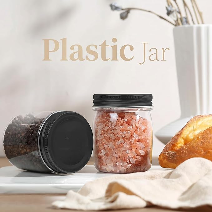 novelinks 8 oz Clear Plastic Jars with Airtight Lids, 48 Pack Plastic Mason Jars with Lids 8oz, Refillable Storage Slime Containers & Small Spice Jar for Kitchen Organization (48 Pack,Black)