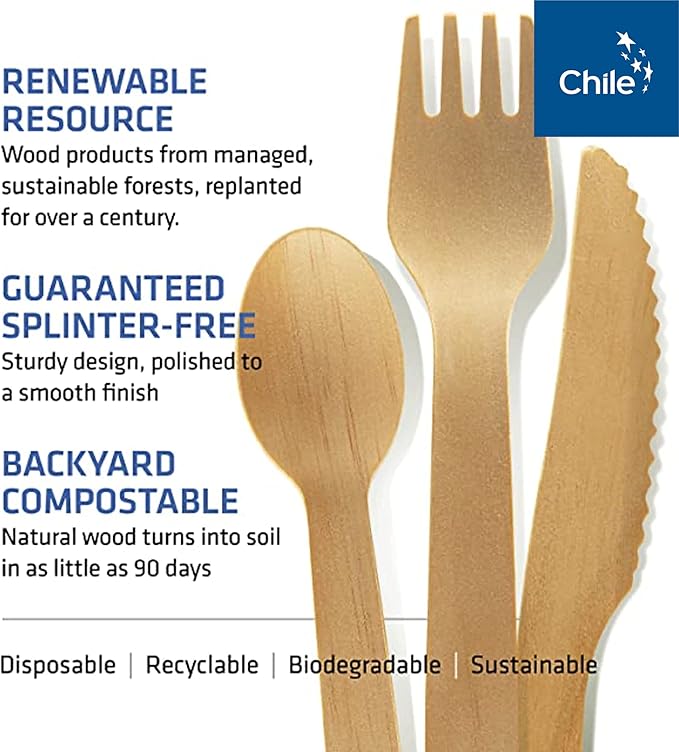 Disposable Wooden Cutlery Set - 100% Home Compostable - 480 Mix (240 Forks, 80 Spoons and 160 Knives) 6.5", Bamboo Utensils Alternative, Eco-Friendly, Organic, Sustainable and Carbon Neutral Certified