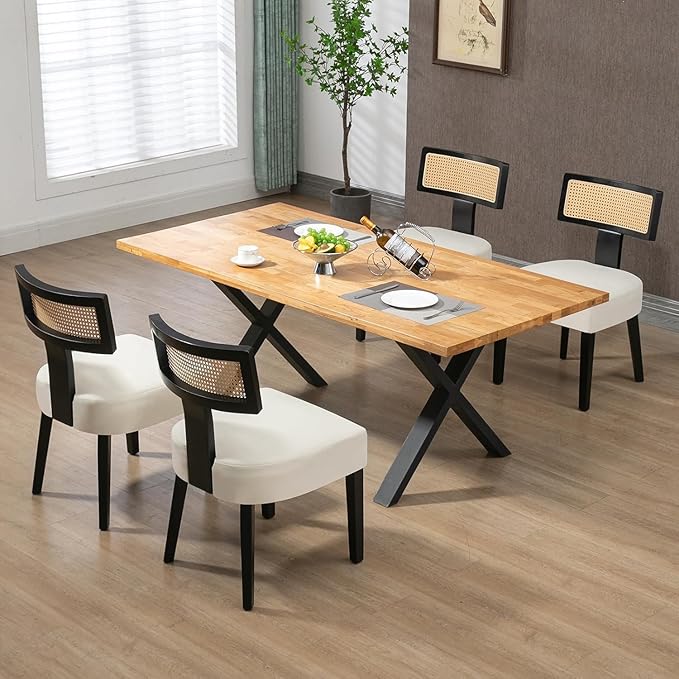 Dining Chairs Set of 2,Mid-Century Modern Dining Chairs-Upholstered Rattan Seats with Black Hardwood Frame, Farmhouse Curved Backrest Armless Kitchen Chairs for Kitchen, Dining & Living Room, Cream