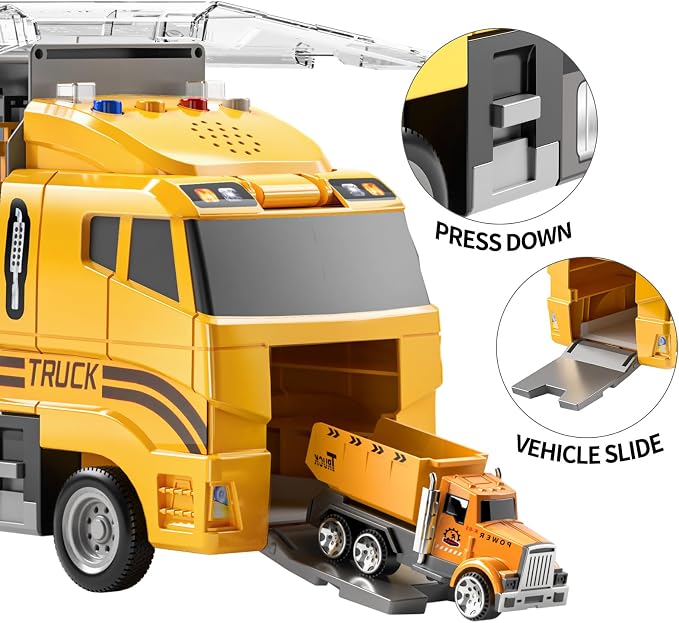 TEMI Construction Truck Set with Play Mat, Carrier Truck Toys for Kids Toddlers, Die-Cast Metal Toy Car Set, Christmas Birthday Gift for Age 3 4 5 6 + Years Old Boys Girls