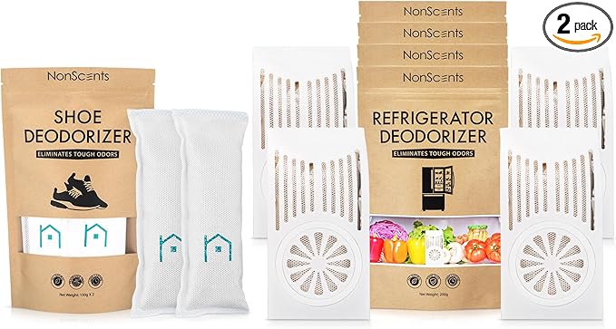 NonScents Shoe & Refrigerator Deodorizer Bundle - 1 Pack (2 Count) Shoe Odor Eliminator & 4 Refrigerator Deodorizer - Powerful, Reusable Odor Absorbers for Shoes, Fridge, Closets - Unscented Freshness