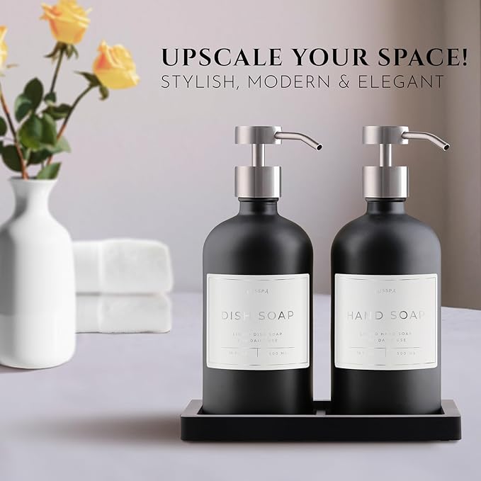 Glass Soap Dispenser Set of 2 (Black) with Silicone Tray | Hand and Dish Soap Dispenser for Kitchen and Bathroom | 16.8 Oz Glass Bottles with Stainless Steel Pump & 15 Waterproof Labels (Black/Silver)