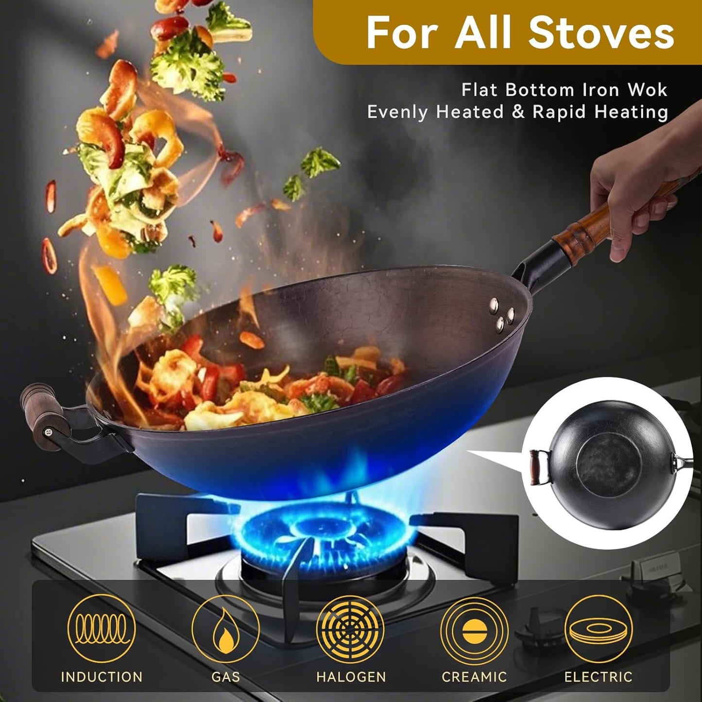 WANGYUANJI 13.4 Inch Cast Iron Wok with Glass Lid – Traditional Flat Bottom Chinese Wok, Heavy Duty Non-Coated Pan for Gas, Induction & Electric Stovetops, Black