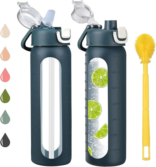 chunmo 24 oz Glass Water Bottles with 2 Lids-Handle Spout Lid & Straw Lid, Motivational Water Bottle with Time Marker and Silicone Sleeve,Leakproof-Dark Blue-1 Pack