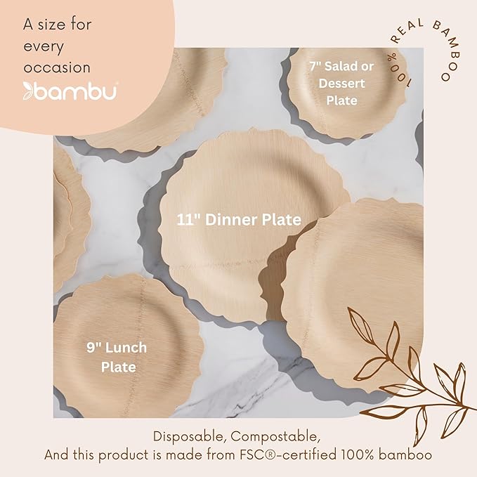 Bambu Pack of 8 - 7 Inch Disposable Bamboo Plates Fancy, Biodegradable Eco Friendly Products, Bamboo Disposable Plates for Events, Compostable Plates
