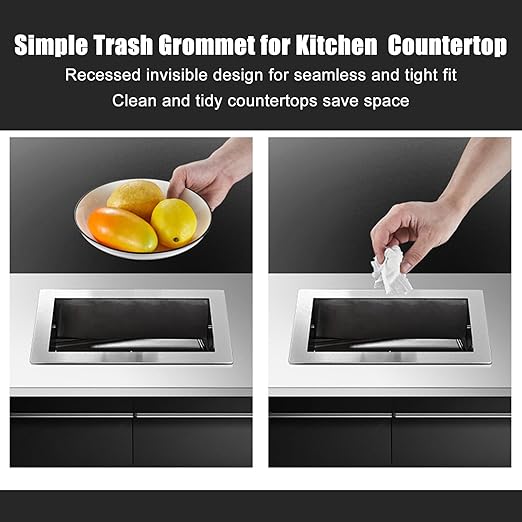 Embedded Countertop Trash Can, Stainless Steel Kitchen Trash Can, Built-in Countertop Trash and Waste Chute, Square Built-in Countertop Trash Can Grommet,Silver Set