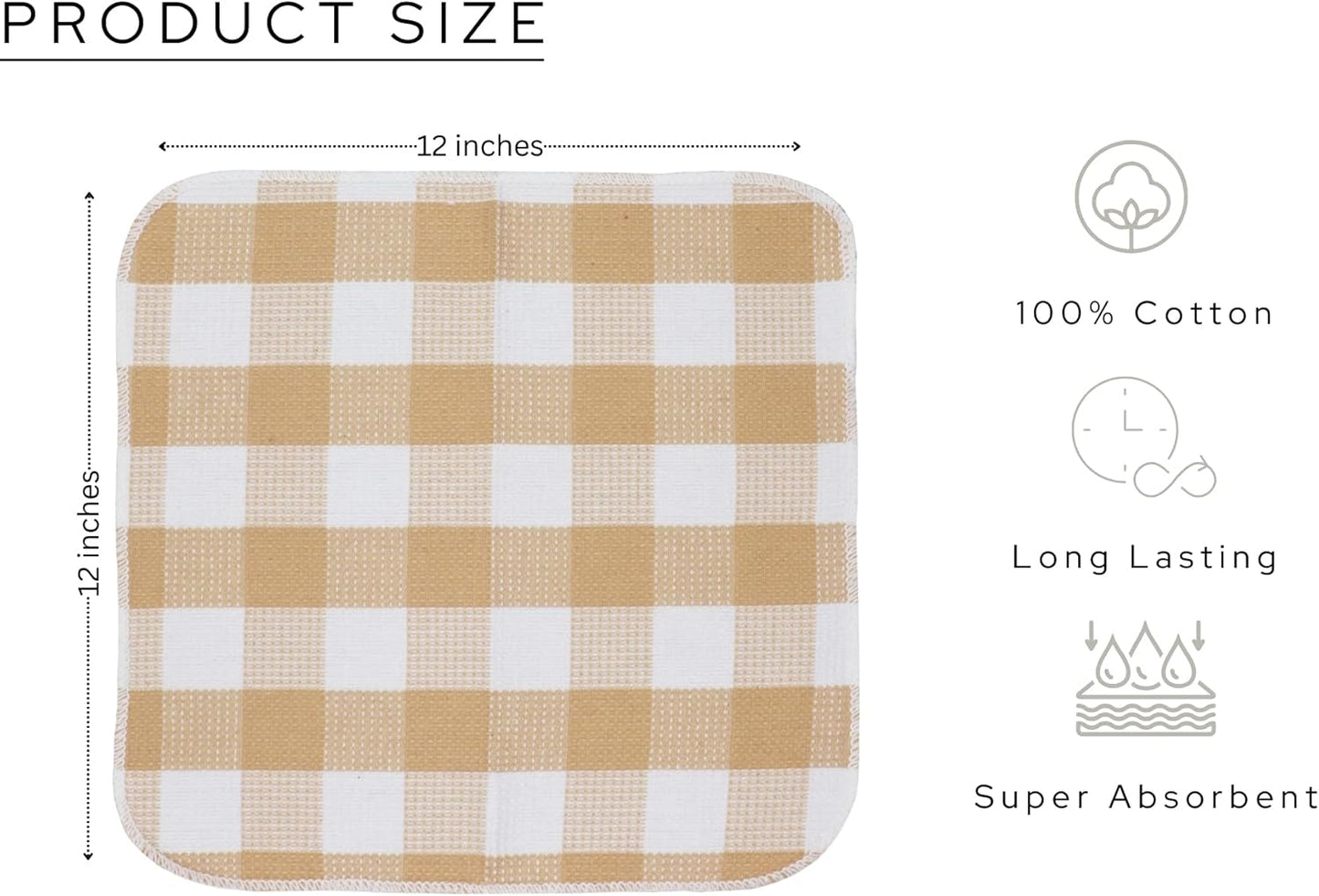 PurpleEssences Waffle Weave Plaid Dish Cloths, 100% Cotton - 12 x 12 Inches, Ultra Soft Absorbent Quick Drying Dish Towels Buffalo Check Dish Rags for Kitchen, 8 Pack - Spring Summer - Beige & White
