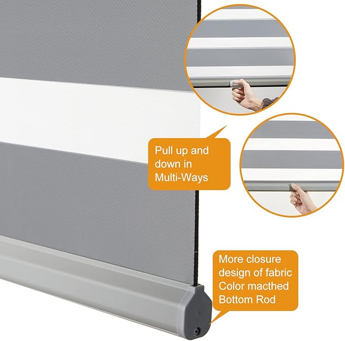 Persilux Cordless Zebra Blinds for Windows Free-Stop Roller Windows Shades (24" W X 72" H, Grey) Dual Layer Light Control for Day and Night, Light Filtering Sheer Shades for Home, Bedroom