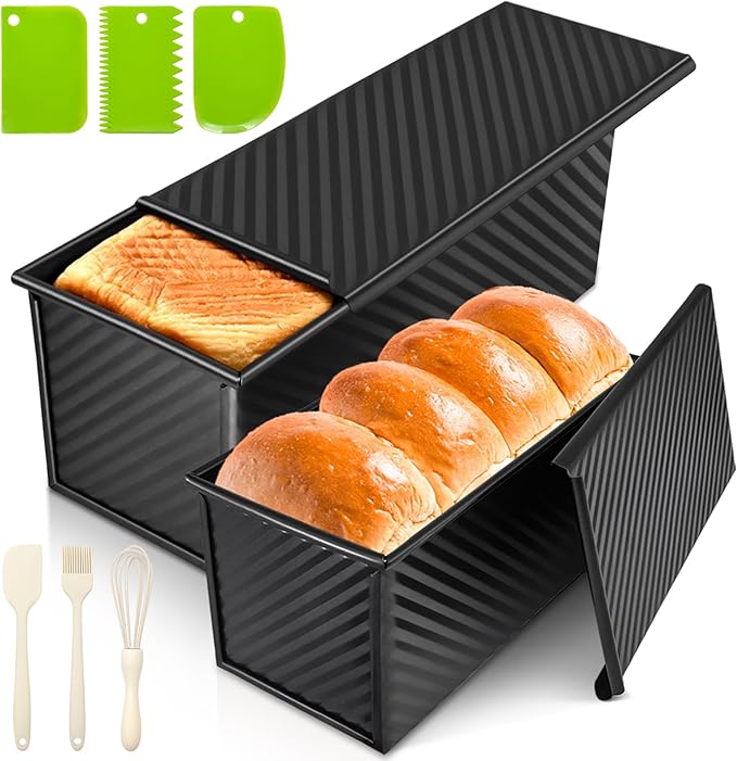 2Pack Large Bread Pan with Lids – 2.2LB Dough Capacity, Non-Stick Carbon Steel Bread Pans for Homemade Sandwich and Sourdough Bread, Corrugated Toast Mold (Black)