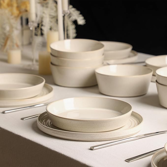 Stone Lain Claire 12-Piece Dinnerware Set Stoneware, Plates and Bowls Set, Dishwasher and Microwave Safe, Dish Set for 4, White