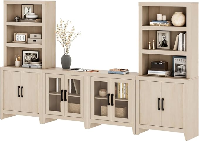 WAMPAT Entertainment Center with Bookshelves, 4-Piece Modular TV Stand with Storage Towers, Farmhouse Media Console with Glass Doors for Living Room, Bedroom, Beige