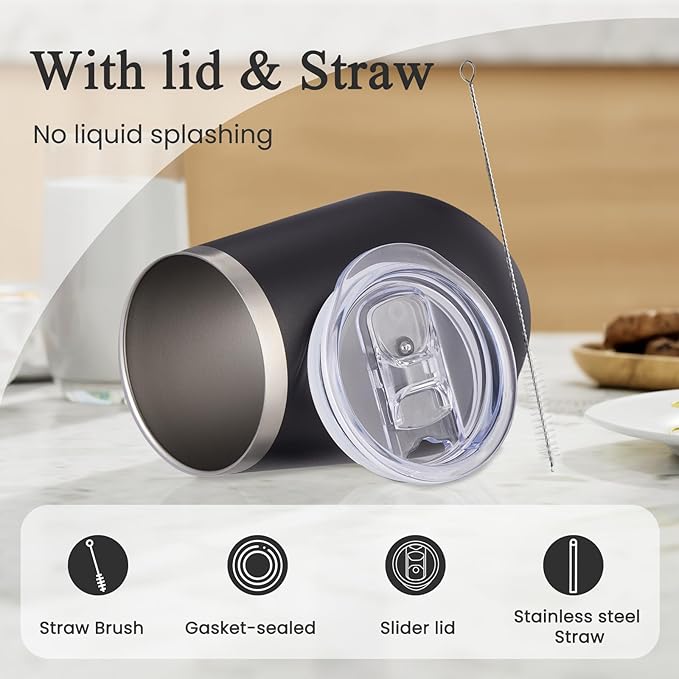 MEWAY 12oz/12 Pack Wine Tumbler Glasses with Lid - Stemless Double Wall Vacuum Stainless Steel Tumblers Keeping Cold & Hot for Wine - Family and Gifts, Ideal for Travel and Office(Black,Set of 12)