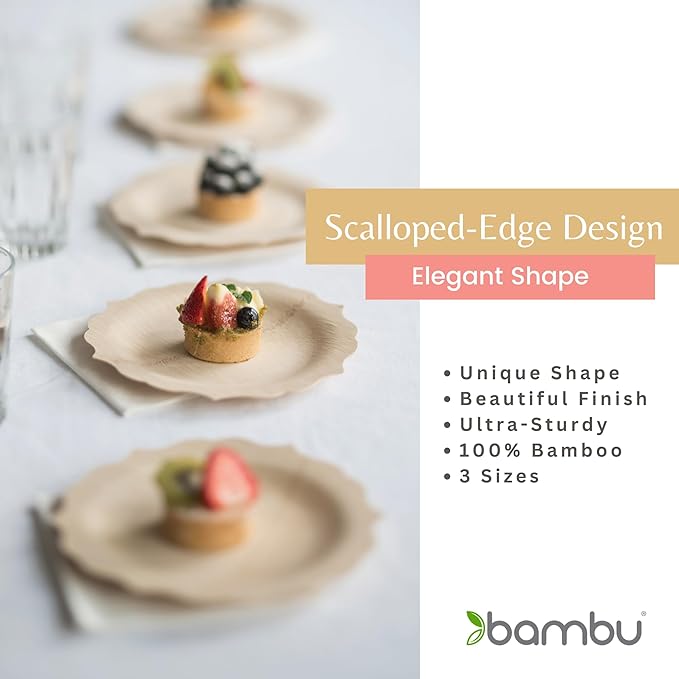 Bambu Pack of 8 - 11 Inch Disposable Bamboo Plates Fancy, Biodegradable Eco Friendly Products, Bamboo Disposable Plates for Events, Compostable Plates
