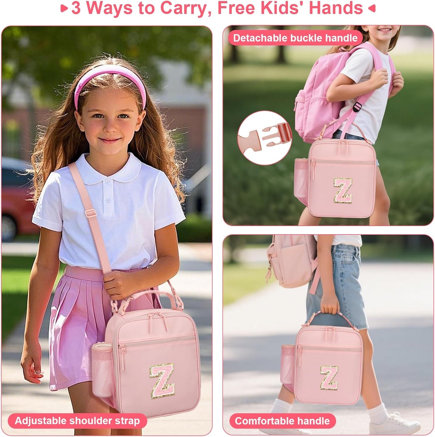 Initial Insulated Lunch Bag for Girls Kids, Back to School Gift, Reusable Leak-proof Lunch Box with Adjustable Strap for School Daycare Travel Picnic (Pink,Z)
