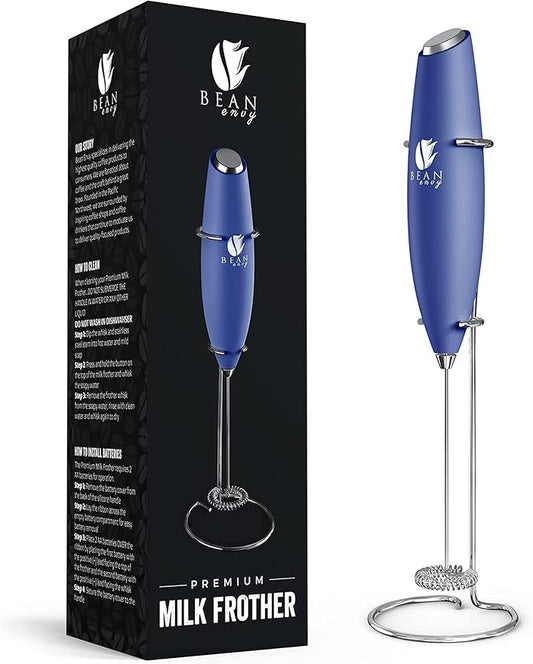 Bean Envy Milk Frother, Coffee Stirrers, Frother Wand, Milk Frother Handheld, Frother with stand, Hand Blender for Coffee, Lattes, Cappuccino, Matcha and Hot Chocolate – Kitchen Gifts - Blue
