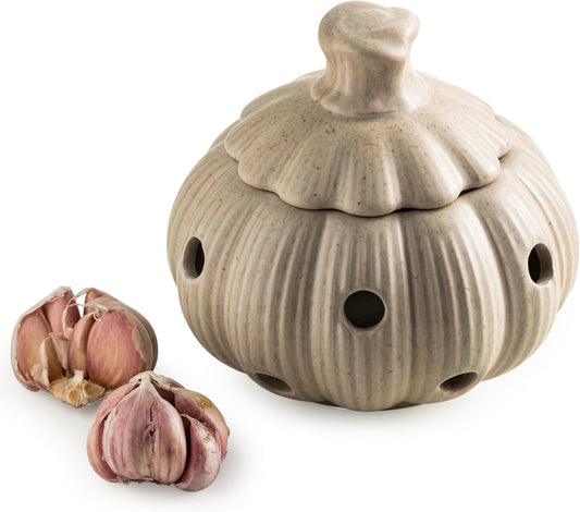 Ceramic Garlic Keeper for Counter, Garlic Holder with Lid and Holes Large Garlic Saver and Storage Cute Kitche Gadget, Yellow
