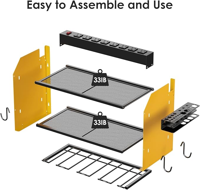 CCCEI Modular Power Tool Organizer Wall Mount with Charging Station. Garage Drill Storage Shelf with Hooks, Heavy Duty Rack, Tool Battery Holder Built in 8 Outlet. Gift for Men. Yellow, 2 Pack.