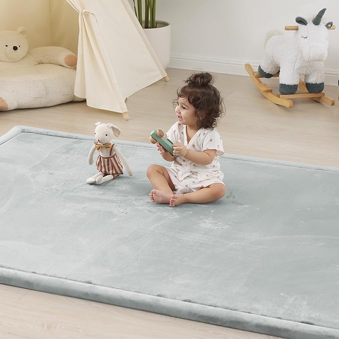 1.5" Thick Padded Baby Play Mat for Floor Tummy Time, Pro Soft Foam Activity Playroom Playmats, Easy Care with Non-Slip Safe for Infant Toddler Kids Crawling 59"x 71" (Light Grey)