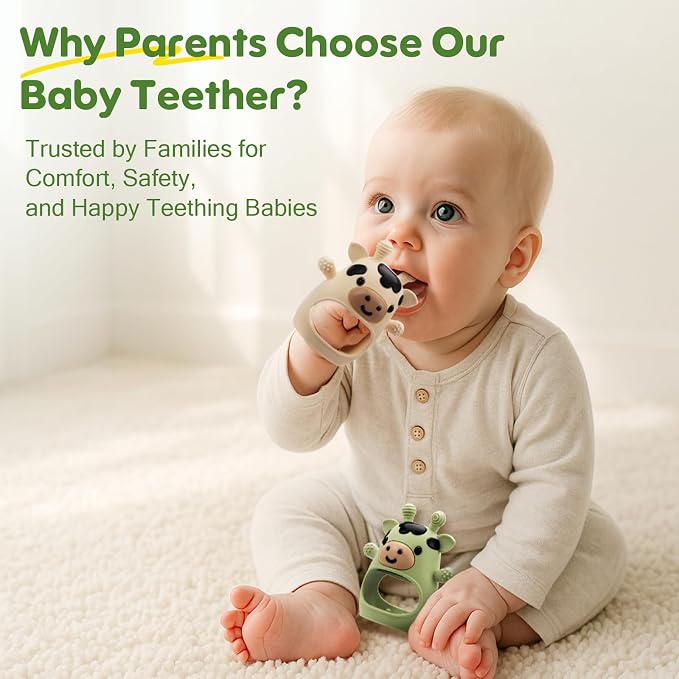 TOHIBEE 2 Packs Baby Teething Toys for 0-6 6-12 Months, Food Grade Silicone Adjustable Cow Teething Mitten, Chew Teether Toys for Teething Pain Relief, Baby and New Born Essentials, Green & Beige