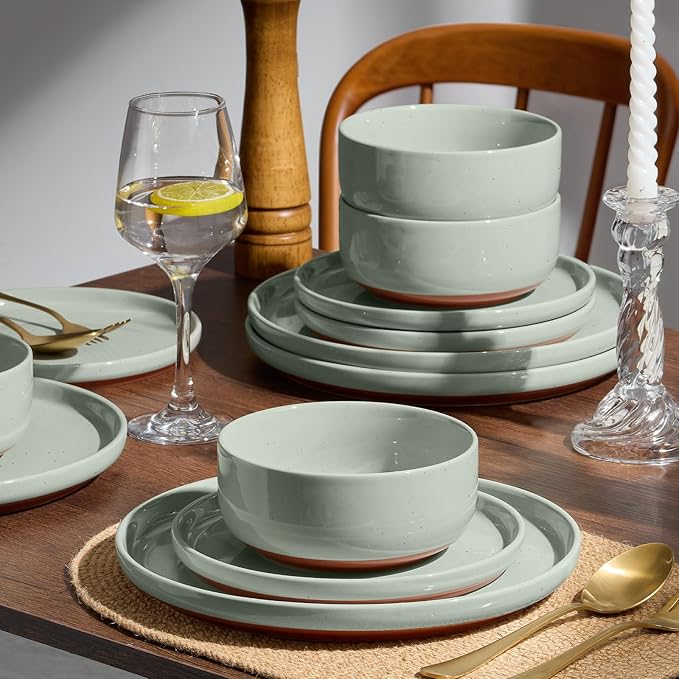 E-far 12-Piece Stoneware Dinnerware Sets, Plates and Bowls Sets for 4, Ceramic Dishware Dishes Set with Terracotta Base, Chip & Scratch Resistant, Microwave & Dishwasher Safe, Speckled Green