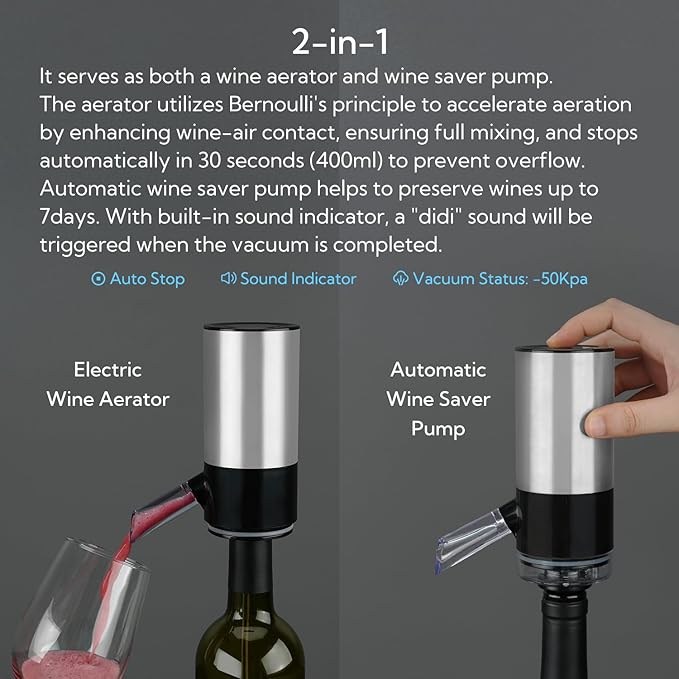 KITCHENDAO Rechargeable Electric Wine Aerator Dispenser and 3 in 1 Wing Corkscrew Wine Bottle Opener