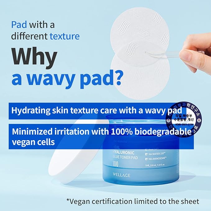 WELLAGE Wellage Real Hyaluronic Blue 100 Toner Pad for Deep Hydration and Gentle Exfoliation - Korean Daily Moisturizing and Soothing Facial Pads with High Purity of Hyaluronic Acid, 70pads