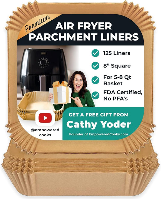 Cathy Yoder's AirFryer Paper Liners, 125 PCS 8-inch Square Air Fryer Liners Disposable, Premium, Food-Grade Easy Cleanup Air Fryer Parchment Paper Sheets, Airfryer Liner for 5-8QT, Baking & Roasting