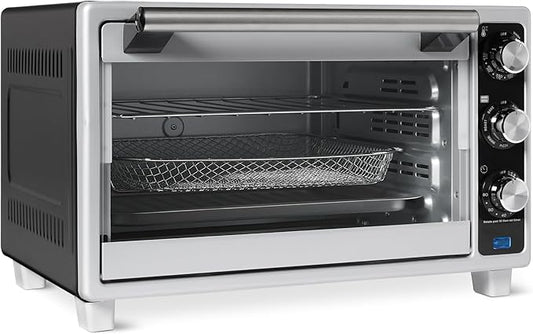 Amazon Basics 6-Slice 23-QT Toaster Oven with Built-In Air Fryer, 7-In-1 Cooking Options, 60-Min Timer & Adjustable Temperature (200°F - 450°F), With Accessories, 1500W, Stainless Steel, Silver/Gray