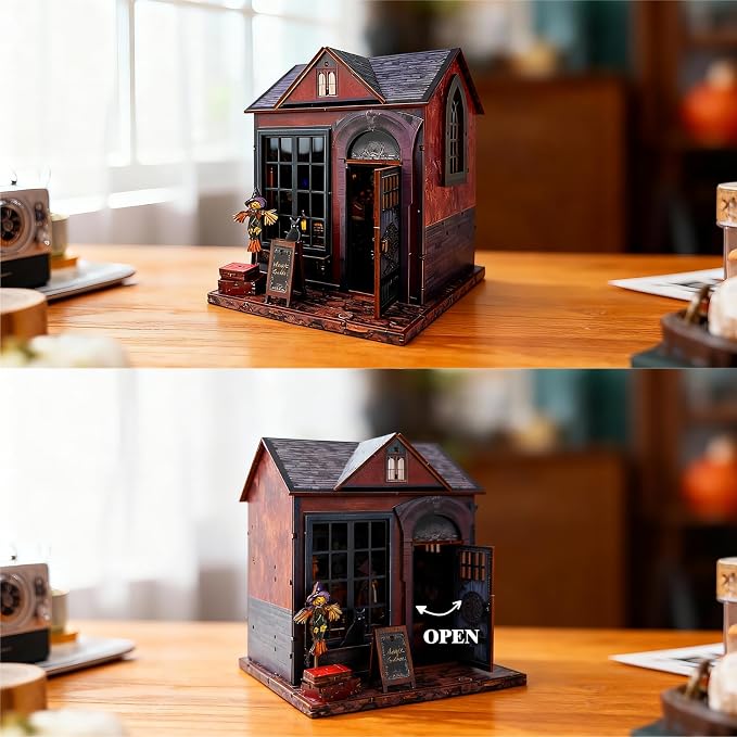 Magic Cabin Miniature Dollhouse with LED Lights, Vintage Furniture & Decor – Handcrafted Fantasy Shop Display for Home Decor, Collectibles & Gifts