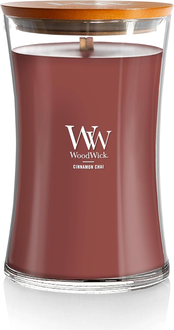 WoodWick Cinnamon Chai Holiday Candle Gifts for Women and Men, 21.5 oz Large Hourglass Candle with Crackling Wick