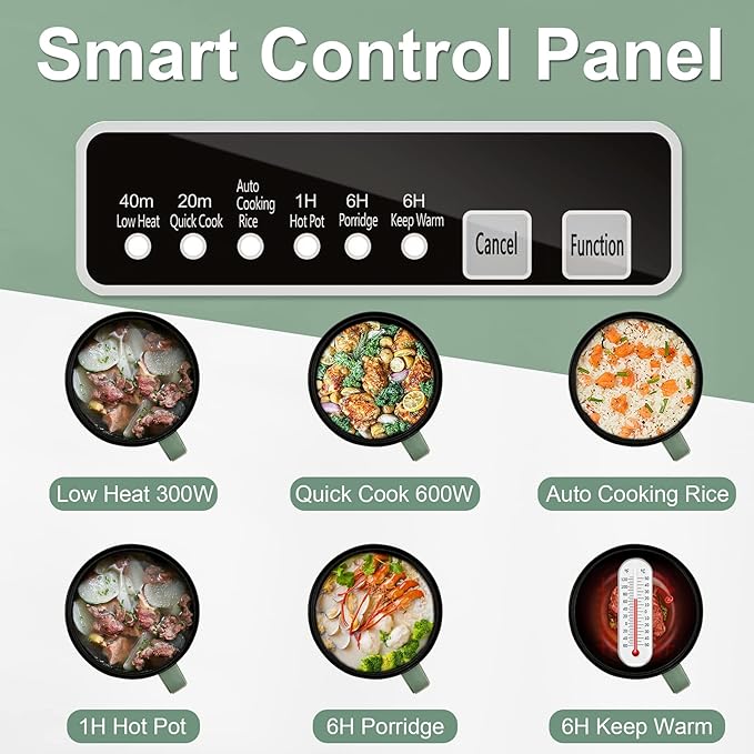 Smart Mini Hot Pot with Timer and Automatic Shut Off 1.2L Non-Stick Rapid Noodle Cooker w Stainless Steel Steamer Basket 600W Quick Cook 5 Cooking Modes for Soup, Rice (1cup) , Porridge, Pasta Great for 1-2 Persons (Green)
