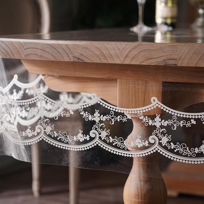 Clear Table Cover Protector Plastic Vinyl Table Cloth with White Lace Pattern Oil Spill Proof Plastic Tablecloths for Dining Tables Parties Holidays (French Lace, 60 x 104 Inches)