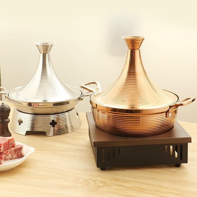 Moroccan Tagine Cooking Pot,Stainless Steel Non Stick Moroccan Casserole with 2 Handles,Large Moroccan Cooker Handmade Tagine Pot with Cone-Shaped Lid(27cm, Rose Gold)