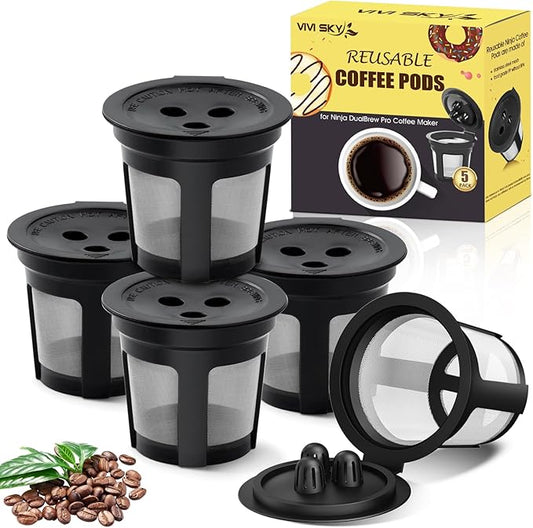 5 Pack Ninja Reusable Coffee Pods: Reusable K Cups for Ninja Coffee Maker - Refillable Coffee Filters for 3-Needle Ninja DualBrew Pro CFP200 CFP201 CFP300 CFP301 CFP305 CFP400（Only for 3-Hole Version)