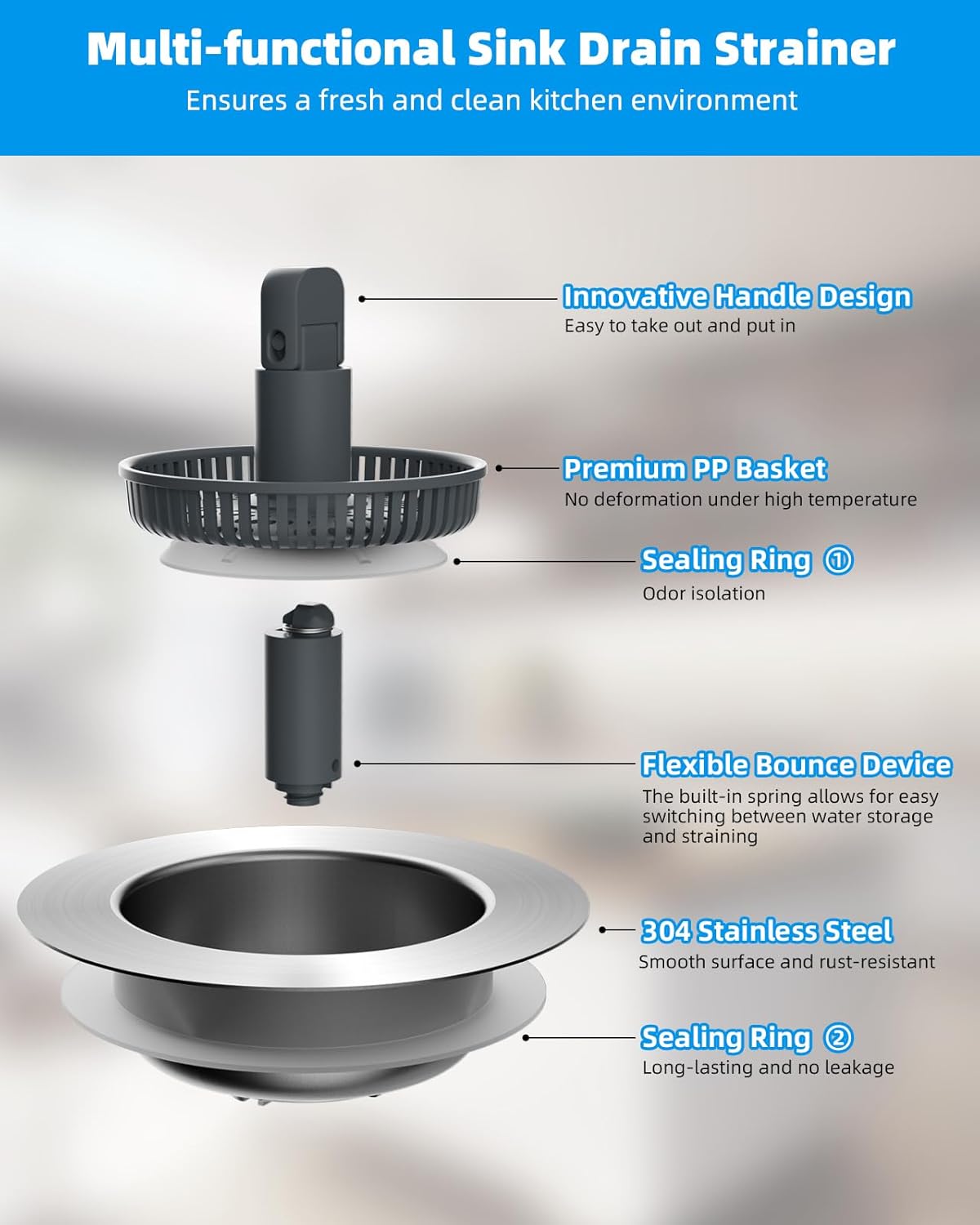 Hibbent Upgraded 3 in 1 Kitchen Sink Drain Strainer and Stopper Combo, Stainless Steel Metal Pop Up Sink Stopper with Foldable Handle, 3 Anti-Clogging Baskets, Fit for US Standard 3-1/2 Inch Drain