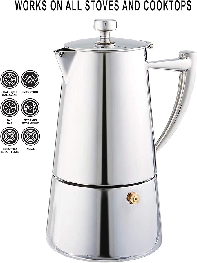 Cuisinox Roma Stovetop Espresso Maker COF-10R, Stainless Steel Coffee Percolator Stovetop, Heat-Resistant & Non-Reactive, 10-Cup Italian Espresso Maker Easy to Clean, Durable Stove Top Percolator