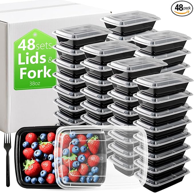 38oz Meal Prep Containers Bulk 48 Set with Forks and Lids - 1 Compartment Food Containers Leakproof Snack Container Reusable Food Storage Containers, Freezer Safe Plastic Lunch Take Out Box