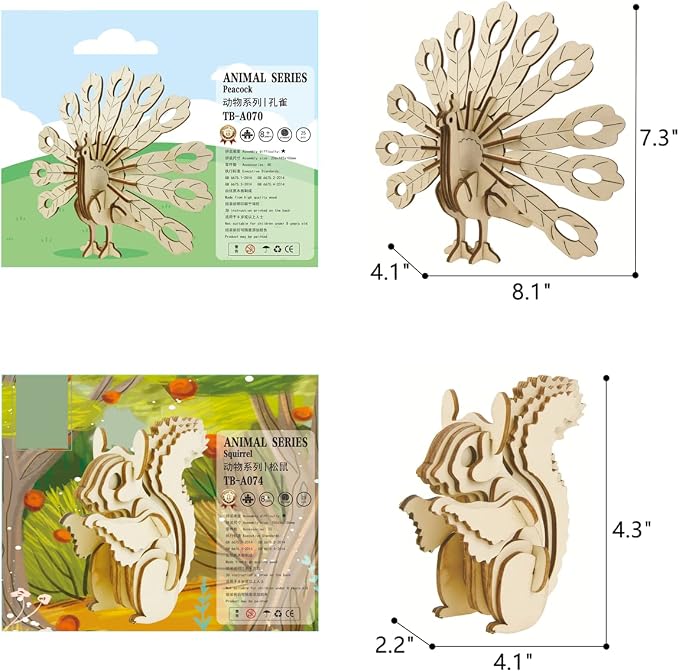 3D Wooden Wild Animal Puzzle - 6 Piece Set Wood Wild Animals Skeleton Assembly Model Kits - Wooden Crafts DIY Brain Teaser Puzzle - STEM 3D Puzzle Gifts for Adults & Teens