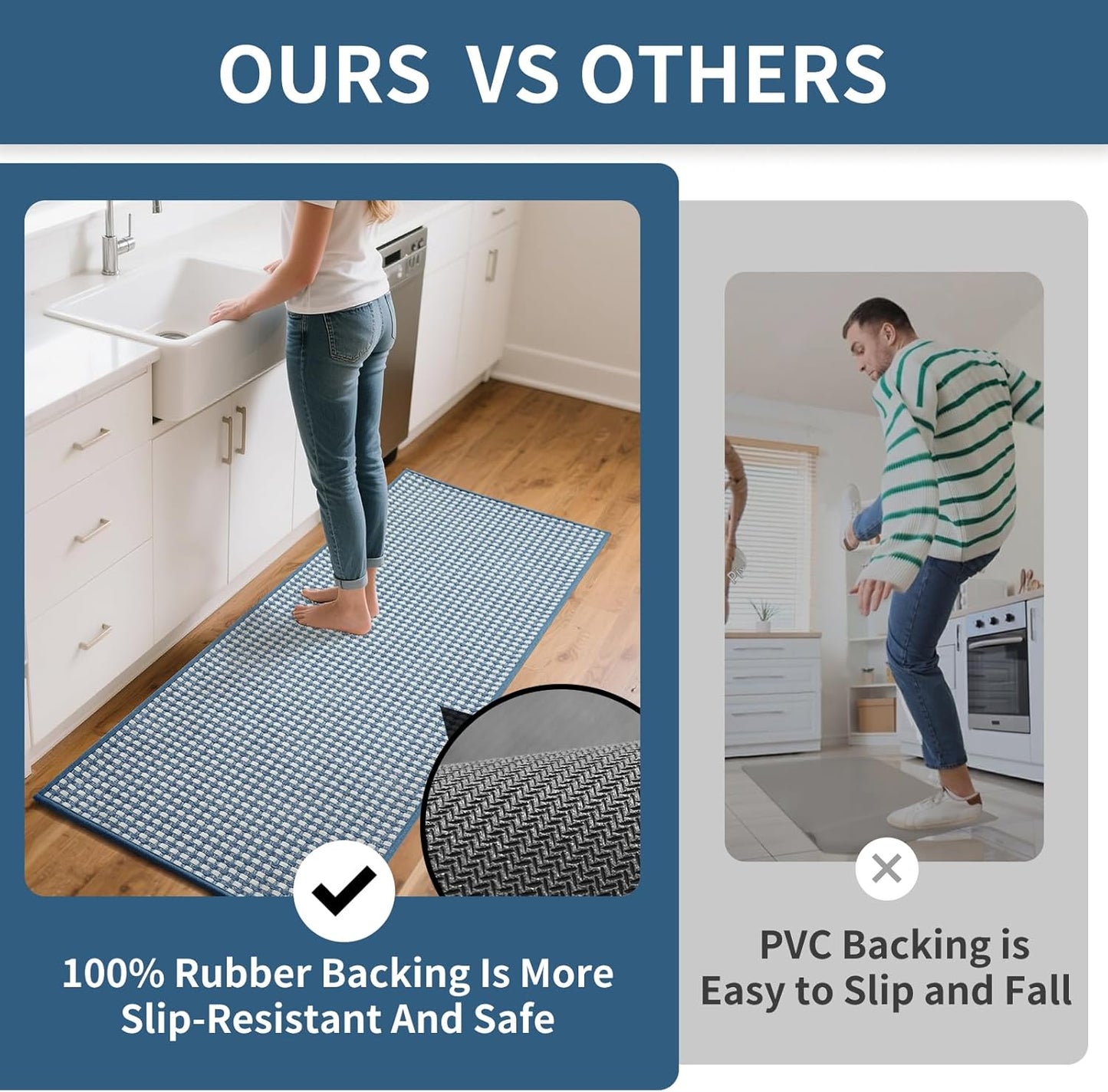Kitchen Runner Rugs Non Slip Washable, Super Absorbent Soft Chenille Braided Kitchen Mats for Floor Rubber Backing Sink Mat Standing Hallway Floor Mat, Easy Clean, Blue 17"x59"