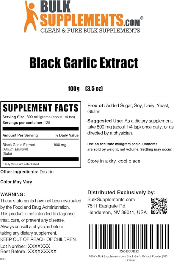 BulkSupplements.com Black Garlic Extract Powder - Aged Garlic Extract, Herbal Supplement - Vegan & Gluten Free, 800mg per Serving, 100g (3.5 oz) (Pack of 1)