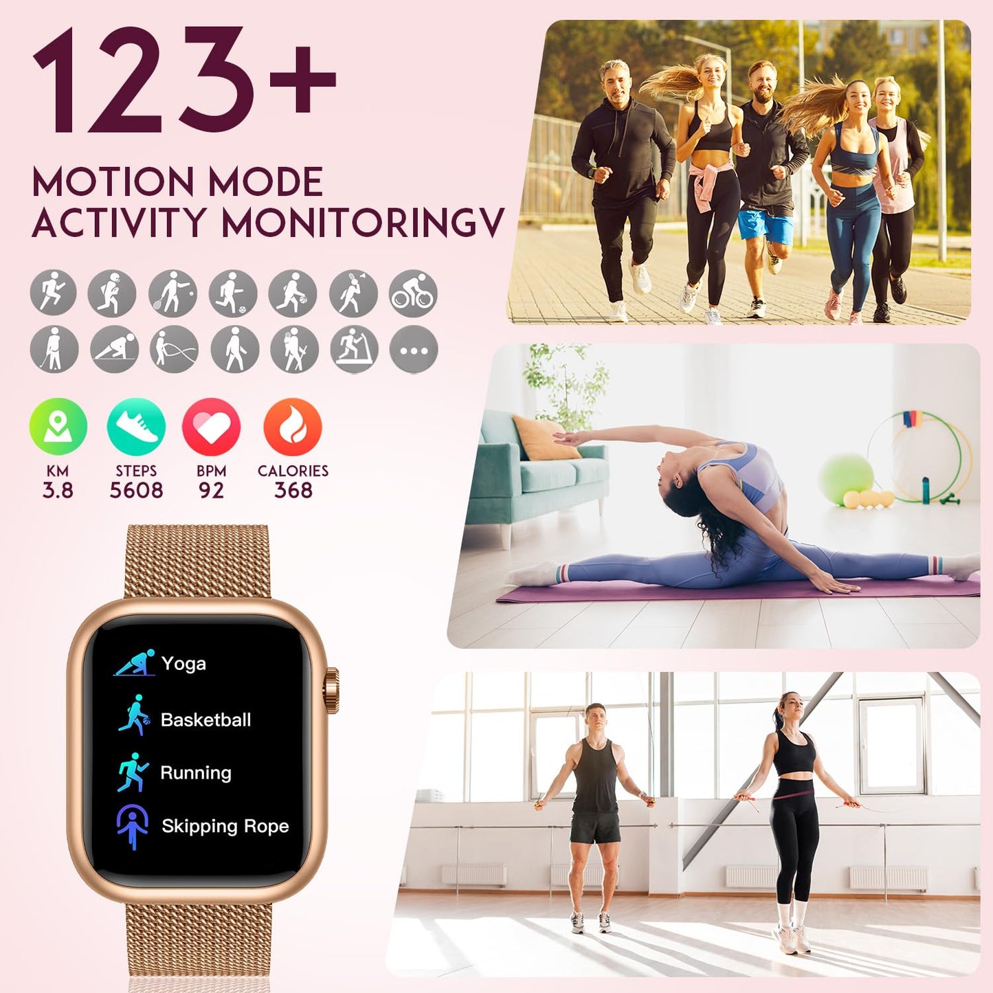 Smartwatch Women Fitness Tracker Watch: Gold Smart Watches for Women Make Answer Bluetooth Call Android Phones iPhone Compatible 123+ Sport Modes IP68 Waterproof Digital Pedometer Heart Rate Monitor